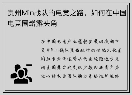 贵州Min战队的电竞之路，如何在中国电竞圈崭露头角