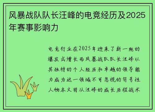风暴战队队长汪峰的电竞经历及2025年赛事影响力